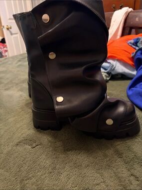 Black Chunky Combat Boots with Snap Detail